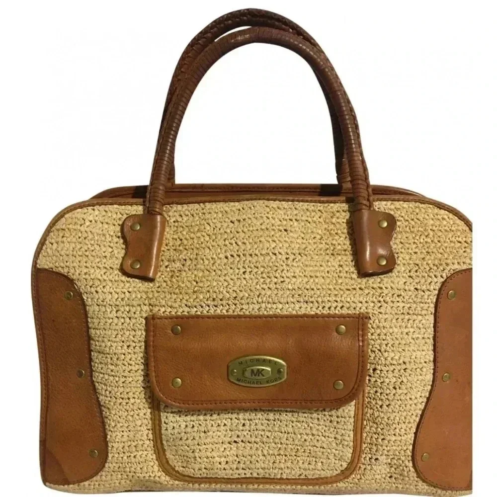 Michael kors beige brown woven leather satchel handbag
